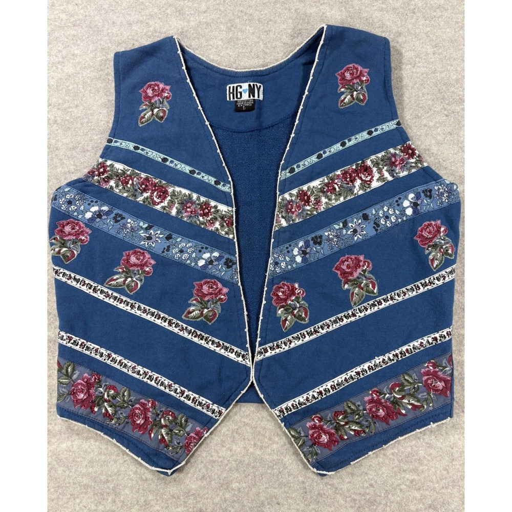 HG NY Vintage Floral Beaded Cotton Vest Blue Rose Cottagecore Large
